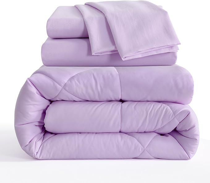 NTBAY Twin Comforter Set with Sheets, 5 Pieces Soft and Breathable Twin Bedding Set, Twin Bed in a Bag, Down Alternative Comforter Set Solid Color All Season, Kids Bedding Set, Light Purple - LeafyLoom