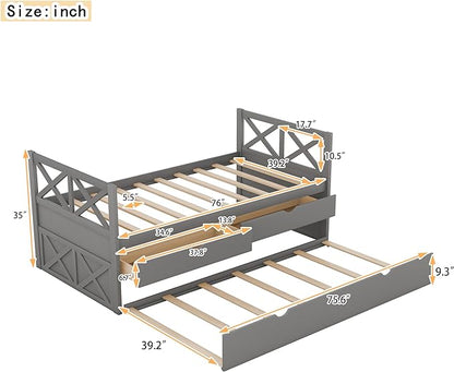 Twin Size Daybed with 2 Storage Drawers and Trundle, Solid Wood Captains Bed Frame for Bedroom and Living Room, Gray - LeafyLoom