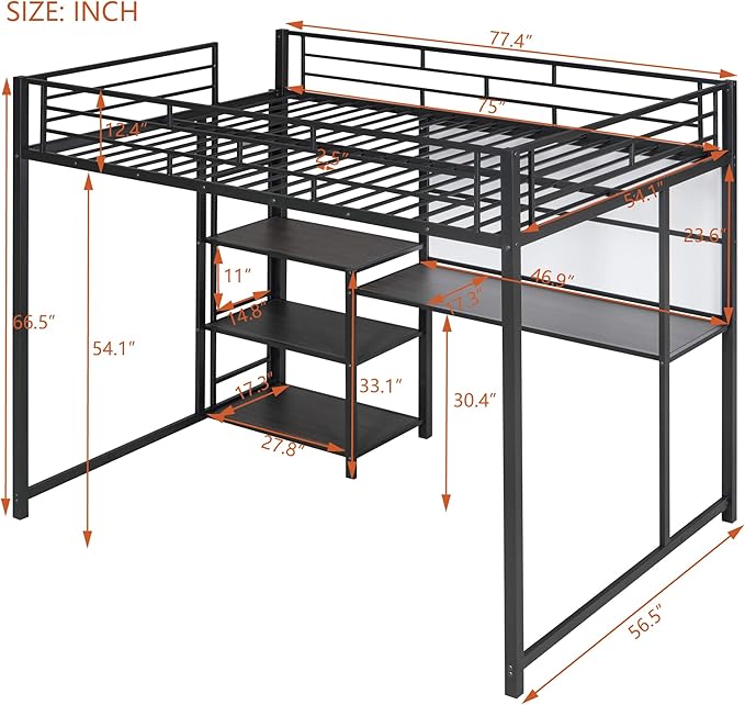 RITSU Full Size Loft Bed, Heavy Duty Metal Bunk Bedframe with Desk and Whiteboard, Safety Guardrail Fence & Ladder, 3 Big Storage Shelves, for Kids, Teens, Black - LeafyLoom