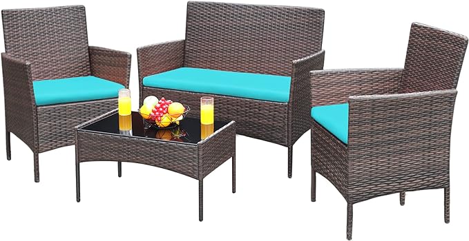 Greesum Patio Furniture 4 Pieces Conversation Sets Outdoor Wicker Rattan Chairs Garden Backyard Balcony Porch Poolside loveseat with Soft Cushion and Glass Table, Brown and Blue - LeafyLoom