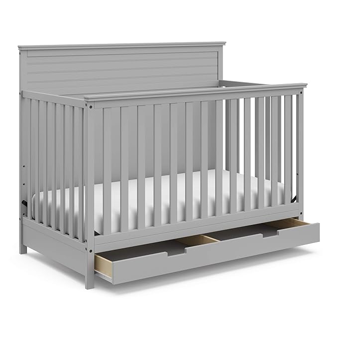 STORKCRAFT Homestead 5-in-1 Convertible Crib with Drawer (Pebble Gray) – GREENGUARD Gold Certified, Crib with Drawer Combo, includes Nursery Storage Drawer, Converts to Toddler Bed and Full-Size Bed - LeafyLoom