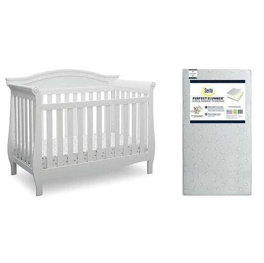 Delta Children Lancaster 4-in-1 Convertible Baby Crib, Bianca White + Serta Perfect Slumber Dual Sided Recycled Fiber Core Crib and Toddler Mattress (Bundle) - LeafyLoom