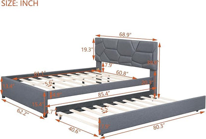 Queen Size Upholstered Platform Bed with Brick Pattern Headboard and Twin XL Size Trundle,Bedroom Bed Frame w/Linen Fabric,Wooden Slats Supproted,for Teens Kids Adults,Gray - LeafyLoom