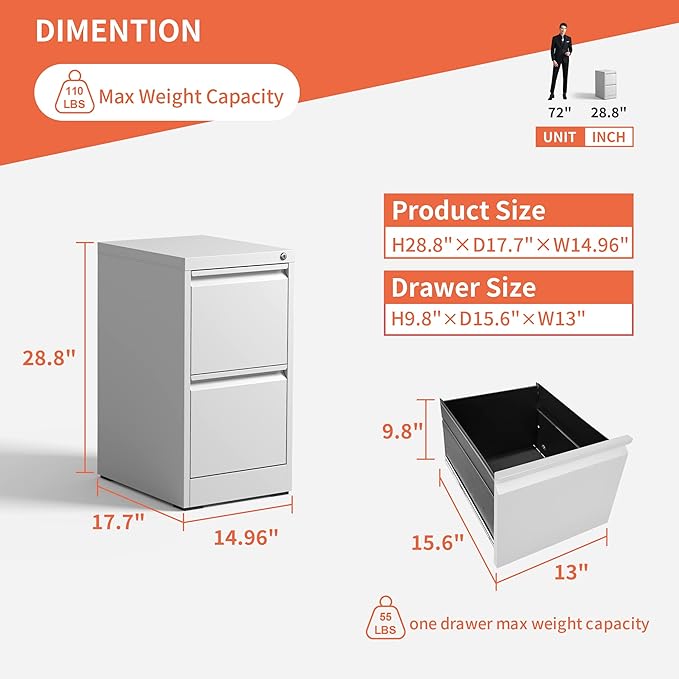 2 Drawer File Cabinet,White Metal Filing Cabinets for Home Office,Vertical File Cabinet with Lock for A4/Letter/Legal Size Files,Assembly Required - LeafyLoom