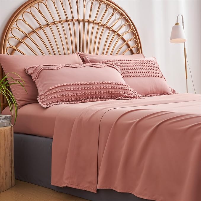 KAKIJUMN Blush Pink Tufted Comforter Set Full Size 7 Piece Bed in a Bag, Shabby Chic Boho Comforter and Sheet Set, All Season Soft Microfiber Complete Bedding Set(Pink,Full) - LeafyLoom