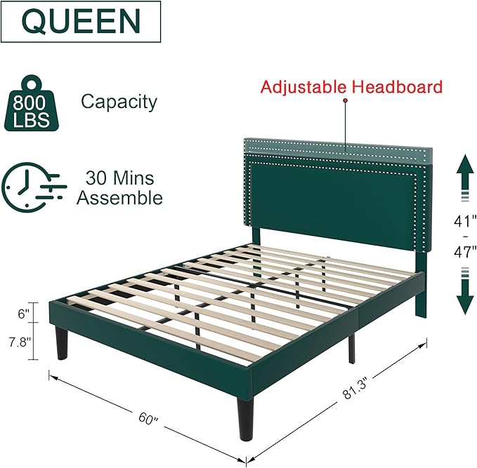 VECELO Queen Size Platform Bed Frame with Height Adjustable Upholstered Headboard, Modern Mattress Foundation,Strong Wood Slat Support, No Box Spring Needed, Easy Assembly - LeafyLoom