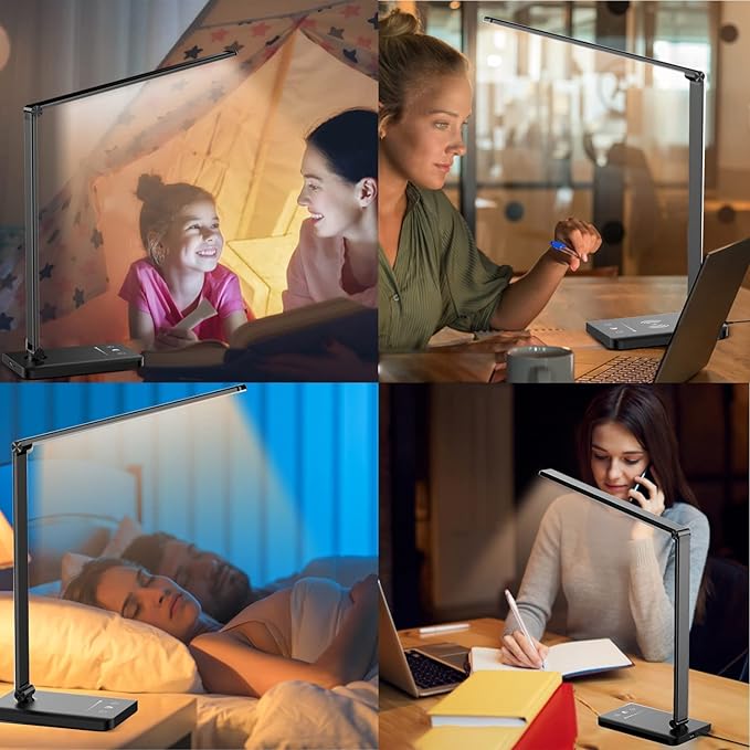 Ambertronix LED Desk Lamp with USB Charging Port, Dimmable Eye-Caring Reading Desk Light for Home, with 5 Brightness Level & 3 Lighting Modes, Touch Control, Auto Timer (Black) - LeafyLoom