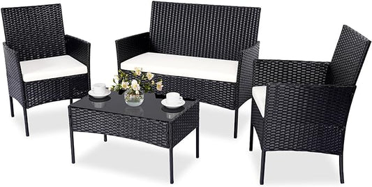 Patio Furniture Set,4 Piece Garden Conversation Set, Outdoor Wicker Rattan Table and Chairs, Black Patio Set, Sectional Sofa with Thick Cushion for Garden, Yard, or Porch (Black/Beige) - LeafyLoom