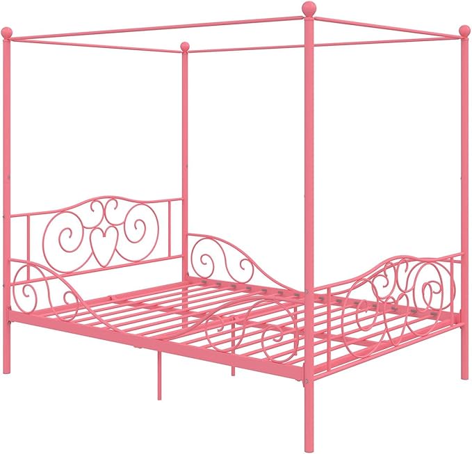 DHP Metal Canopy Kids Platform Bed with Four Poster Design, Scrollwork Headboard and Footboard, Underbed Storage Space, No Box Sring Needed, Full, Pink - LeafyLoom