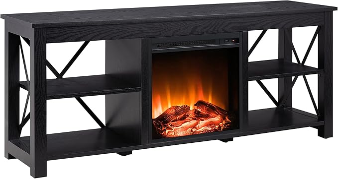 Henn&Hart Rectangular TV Stand with Log Fireplace for TV's up to 65" in Black, TV Stands for the Living Room - LeafyLoom