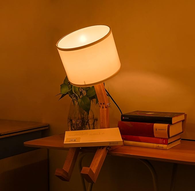 ELINKUME Cute Desk Lamp,Unique Table Lamps,Wood Bedside Table Lamp Fun Funky Person Lamp Wooden Robot Cute Lamps for Bedrooms - LeafyLoom