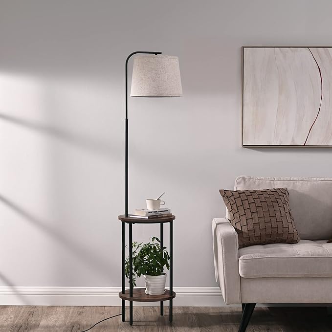 DEWENWILS Floor Lamp with Table Attached, Farmhouse Narrow Nightstand, Wooden End Side Table Floor Lamp, Adjustable Reading Lamp for Bedroom, Living Room, Office, Kids Room - LeafyLoom