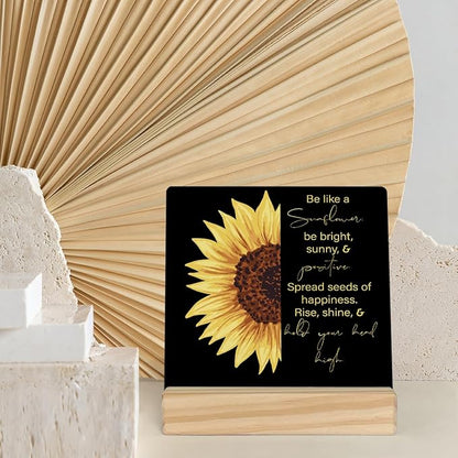 MUBIAO Sunflower Wooden Plaque Sign Desk Decor, Motivational Sunflower Quote Wood Stand Signs Desk Decor, Rustic Decor for Home Office Shelf Desk 4 x 4 Inches - LeafyLoom