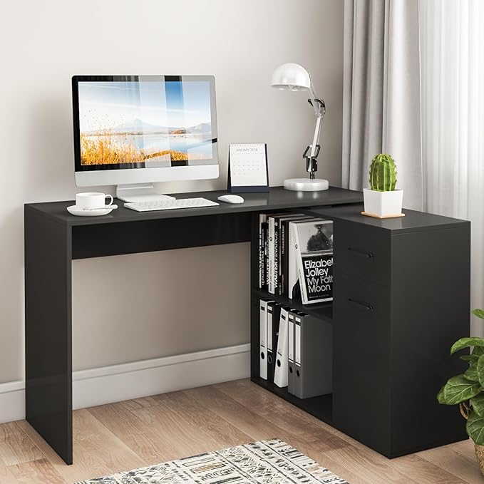 L-Shaped Rotating Computer Desk with Storage Shelves 68 inch Home Office Desk Corner with Drawers and File Cabinet Multipurpose Study Writing Table for Bedroom Small Space Black - LeafyLoom