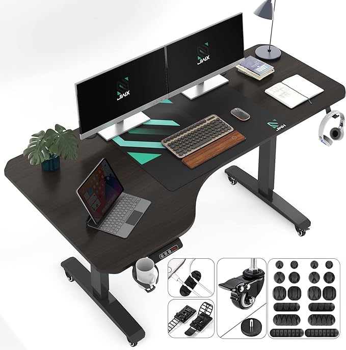 Standing Desk, L Shaped Adjustable Standing Desk, 63'' Corner Height Adjustable desk with Cup Holder, Headphone Hook, Cable Manager, and Mouse pad, Brown Panel - LeafyLoom