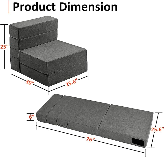 Single Size Folding Lazy Sofa Bed - Convertible Floor sofa with Two Large Pockets Lounge Chaise - Memory Foam Floor mattress Foldable for Living Room/Dorm/Guest/Home Office/Apartment (Dark Grey) - LeafyLoom