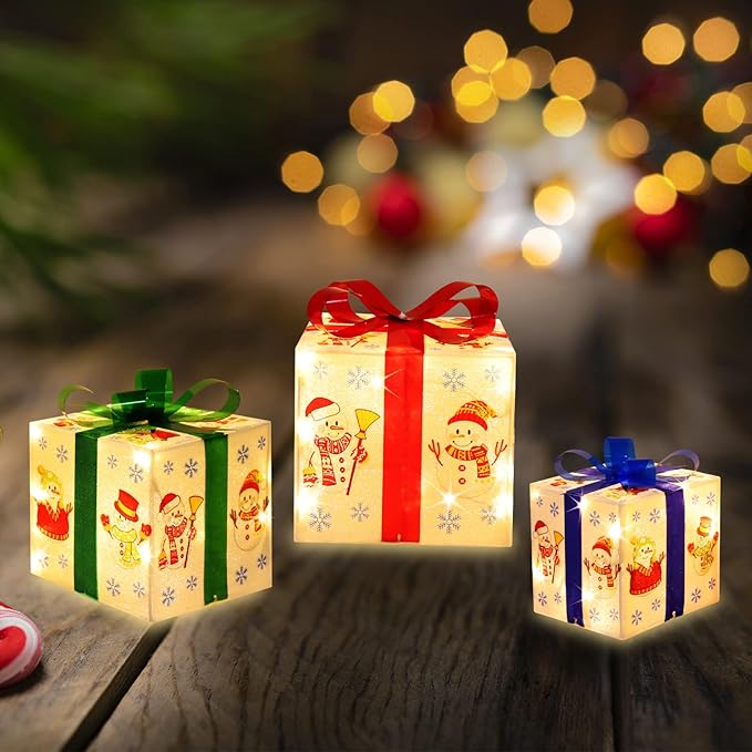 [Large 8.5"x7"x6" Christmas Set of 3 Lighted Gift Boxes Decorations Pre-lit 70 Super-Bright LED with Flashers,for Indoor Outdoor Christmas Tree Skirt Ornament Pathway Holiday Party Home GLOWNOVA