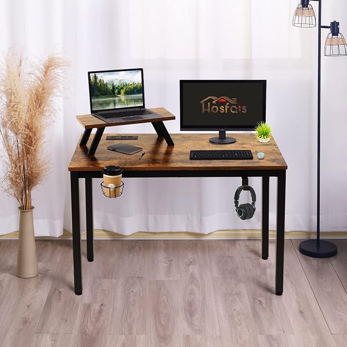 Computer Desk with Power Strip and Monitor Stand, 40" Desk for Home Office Small Space, Small Writing Desk Study Table Workstation with Cup Holder Headphone Hook, Easy Assembly - LeafyLoom