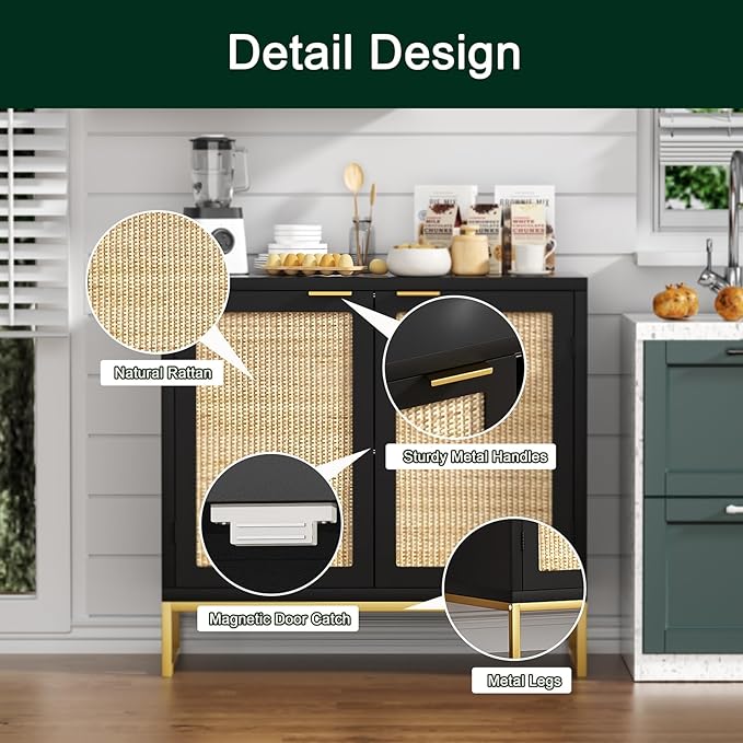 Anmytek Rattan Sideboard Buffet Kitchen Storage Cabinet with 2 Doors, Modern Black Accent Cabinet for Kitchen Buffet Cabinet with Storage for Kitchen - LeafyLoom