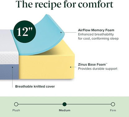 ZINUS 12 Inch Cooling Essential Memory Foam Mattress [New Version], Twin, Fiberglass Free, Medium Feel, Cooling Airflow Memory Foam, Certified Safe Foams & Fabric, Mattress in A Box - LeafyLoom