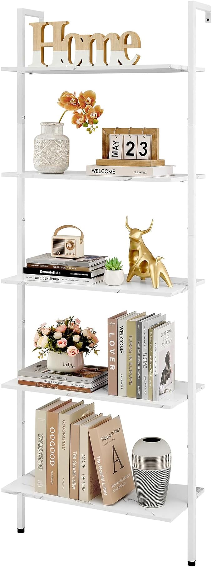 Tajsoon 25.2''W Ladder Shelf Bookshelf, 5 Tier Wall Shelf with Metal Frame, Modern Open Wall Mount Bookcases for Home, Office, Balcony, Plant Flower, White - LeafyLoom