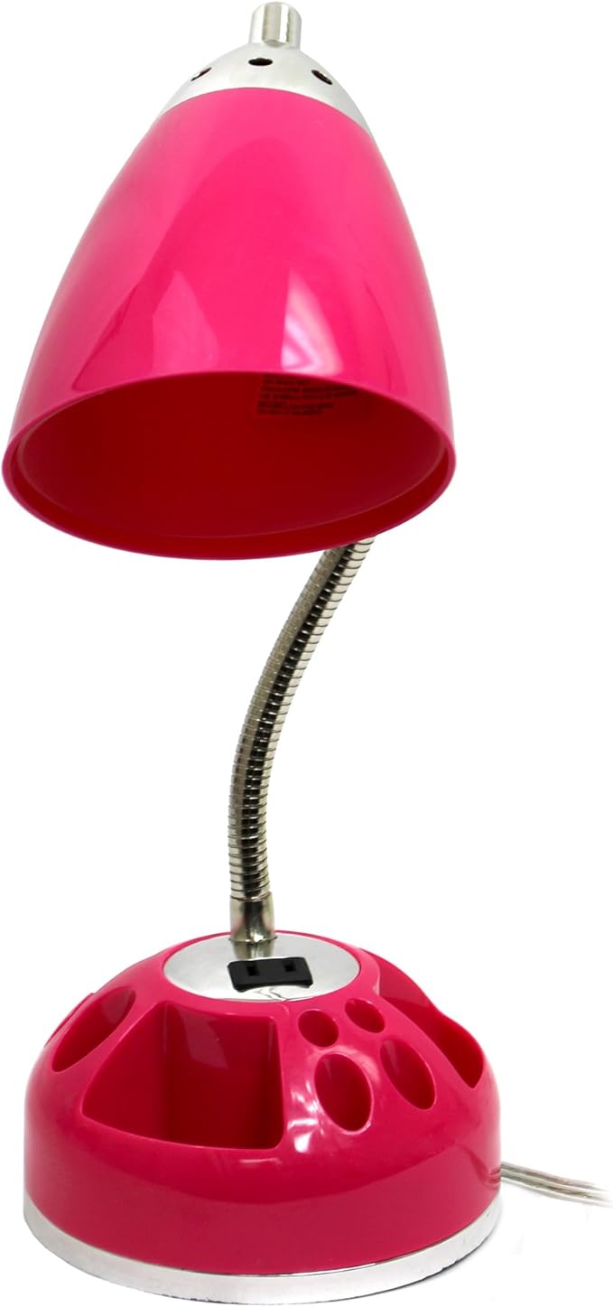 Simple Designs LD1015-PNK Flossy Organizer Desk Lamp with Charging Outlet and Lazy Susan Base, Pink - LeafyLoom