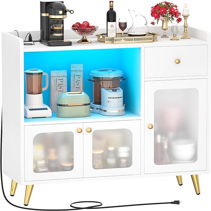 Cyclysio Sideboard Buffet Cabinet with Power Outlet, Kitchen Cabinet with LED Lights, Large Bar Cart Accent Buffet Cabinet with Door for Bedroom, Living Room, Kitchen, Hallway, White - LeafyLoom