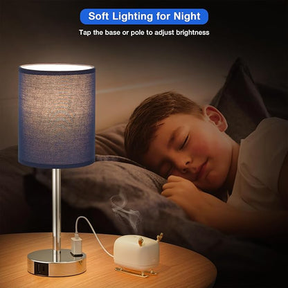 Innqoo Navy Blue Nightstand Lamps Set of 2-3 Way Dimmable Bedside Lamp with USB C and A Ports and Outlets, Modern Lamps for Bedrooms Set of 2 with Silver Base, Small Table Lamps for Boys Kids - LeafyLoom