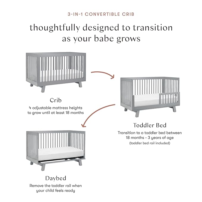 Babyletto Hudson 3-in-1 Convertible Crib with Toddler Bed Conversion Kit in Grey, Greenguard Gold Certified - LeafyLoom