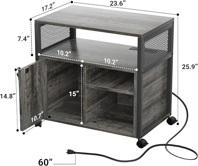 Unikito Rolling File Cabinet Lateral Office Filing Cabinets with Socket and USB Charging Port, Modern Printer Stand on Wheels Printer Cabinet with Door and Open Storage, Lockable, Black Oak - LeafyLoom
