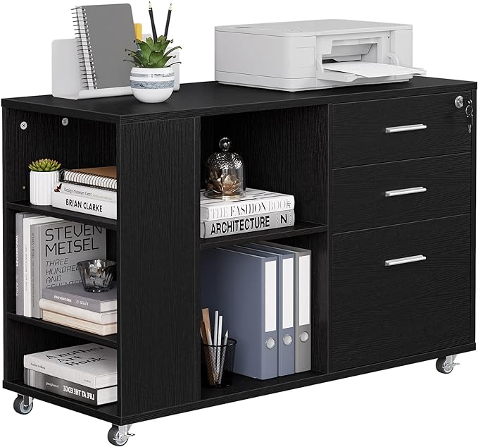 YITAHOME File Cabinet, Mobile Lateral Filing Cabinet with Lock for Home Office, Printer Stand with Open Storage Shelf, Fits A4, Letter, Legal Size Files, Office Furniture, Black - LeafyLoom