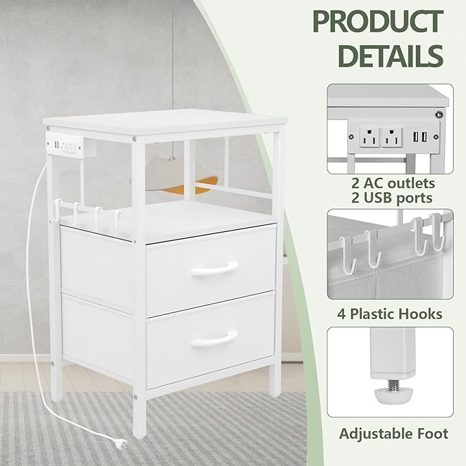 Nightstands set 2 for Bedroom Decor, Bedside Table with Charging Station, Night Stands with Fabric Drawers and Open Shelf, Side Table with USB Ports & Outlets(White,2) - LeafyLoom