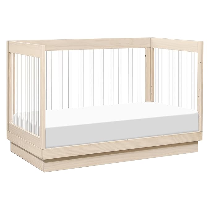 Babyletto Harlow Acrylic 3-in-1 Convertible Crib with Toddler Bed Conversion Kit in Washed Natural with Acrylic Slats, Greenguard Gold Certified - LeafyLoom