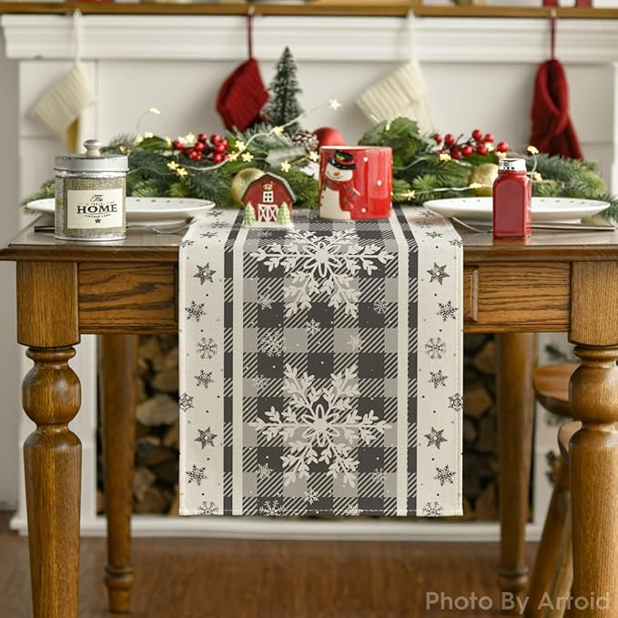 Artoid Mode Grey Buffalo Plaid Snowflakes Christmas Table Runner, Seasonal Winter Kitchen Dining Table Decoration for Home Party Decor 13x72 Inch ArtoidMode