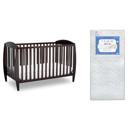 Delta Children Twinkle 4-in-1 Convertible Baby Crib, Sustainable New Zealand Wood, Dark Chocolate and Delta Children Twinkle Galaxy Dual Sided Recycled Fiber Core Crib and Toddler Mattress (Bundle) - LeafyLoom