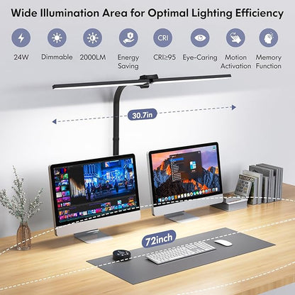 LED Desk Lamp for Home Office, Dual Head Architect Lamp with Clamp, Desk Light for Dual Computer Monitor, 24W 2000LM Dimmable, 2700K/4500K/6500K Adjustable, Gooseneck Desk Lighting for Workbench Study - LeafyLoom