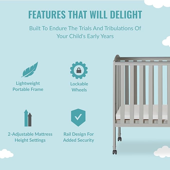 2 in 1 Folding Portable Crib in Cool Grey, Greenguard Gold Certified , 40x26x38 Inch (Pack of 1) - LeafyLoom