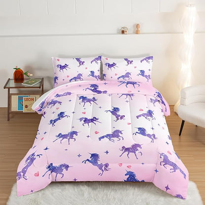 HOSIMA Kawaii Unicorn Comforter,Purple Unicorn with Stars and Love Heart Princess Toddler Bedding Set-Soft Microfiber King Size Comforter Set,Fairycore Room Decor Pink Comforter with 2 Pillowcases. - LeafyLoom