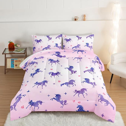 HOSIMA Kawaii Unicorn Comforter,Purple Unicorn with Stars and Love Heart Princess Toddler Bedding Set-Soft Microfiber Twin Bed in a Bag,Fairycore Room Decor Pink Twin Comforter with 2 Pillowcases. - LeafyLoom