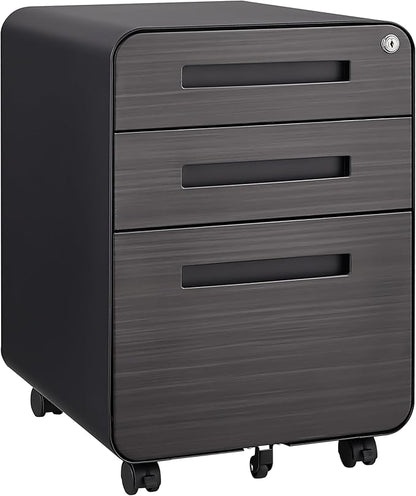 3 Drawer Mobile Desk Office with Lock and Wheels,Versatile Storage Cabinets w/Anti-Tilting Cold Rolled Steel Waterproof Moisture-Proof,for Legal/Letter/A4 Files,Dark Brown - LeafyLoom