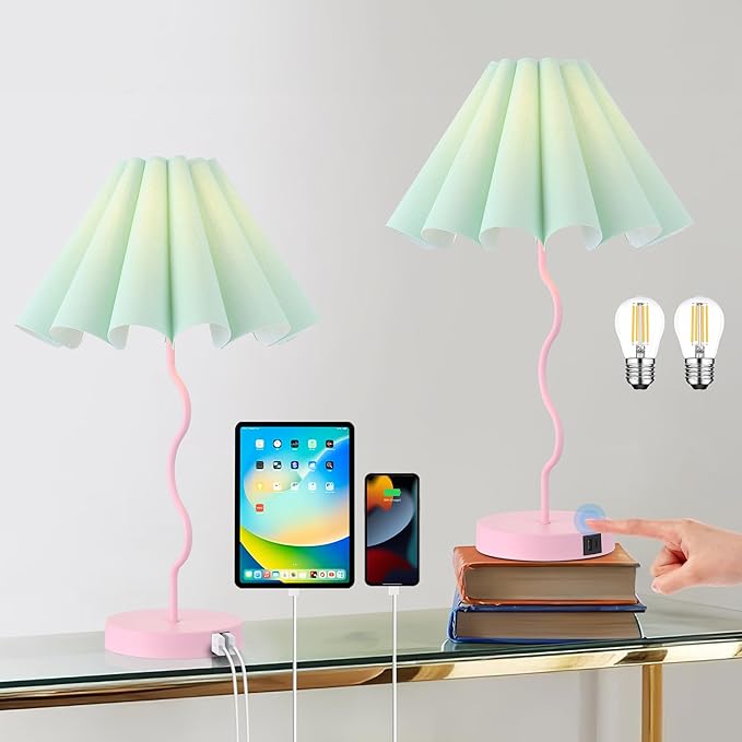 Table Lamps Set of 2 Modern Bedroom Nightstand Lamps Pink Lamp for Living Room End Table Touch Dimmable Lamp with USB Port and Outlet Charging Station - LeafyLoom