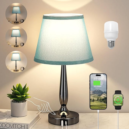 Touch Bedside Lamp for Bedroom with USB C Port, Small Touch Table Lamp with 2 USB Charging Ports, 3 Way Dimmable Nightstand Lamp for Living Room and Office - Turquoise Blue (LED Bulb Included) - LeafyLoom