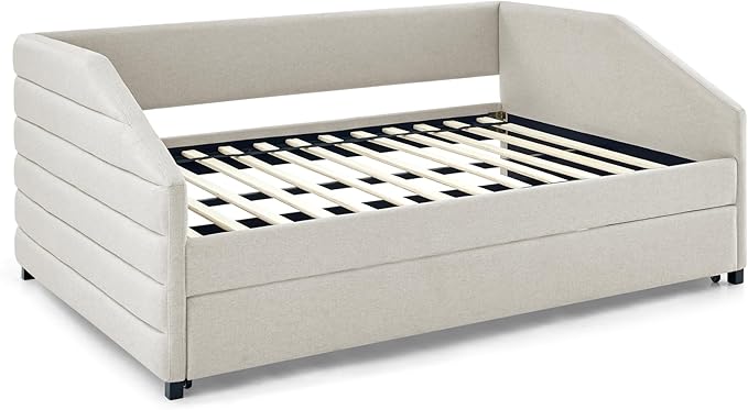 Linen Upholstered Full Size Daybed with Trundle, Solid Wooden Bedframe w/Pull Out Bed and Tufted Decorate, No Box Spring Needed, for Kids, Bedroom, Dorm - LeafyLoom