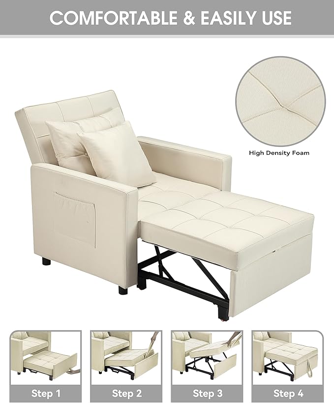 XSPRACER [UPDATED] Convertible Sleeper Chair Bed 3 in 1, Stepless Adjustable Backrest,Armchair, Sofa, Bed, Linen, Warm White, Single One - LeafyLoom