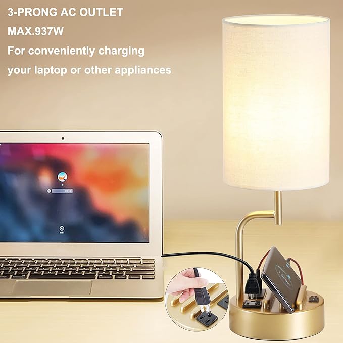 Dreamholder Table Lamp with 3 USB Charging Ports, Modern Desk Lamp with AC Outlet and Phone Stands, Perfect Bedside Lamp for Bedroom, Living Room, Office (Pack of 2), Gold - LeafyLoom