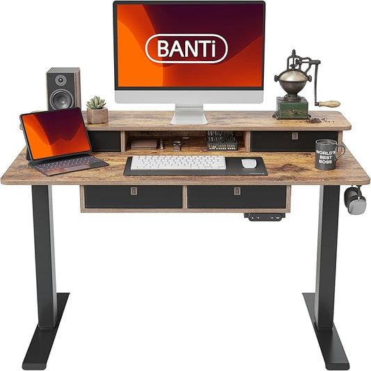 BANTI Height Adjustable Electric Standing Desk with 4 Drawers, 48 x 24 Inch Table with Storage Shelf, Sit Stand Desk, Rustic Brown Top - LeafyLoom