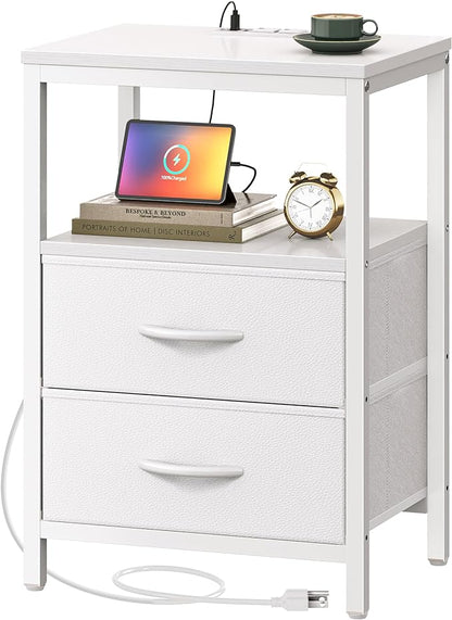 Nightstand with Charging Station, Side Table with Fabric Drawers, End Table with Open Shelf, Bedside Table with USB Ports and Outlets, Night Stand for Bedroom, White - LeafyLoom