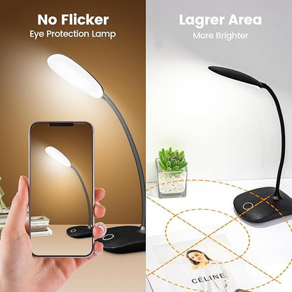 Battery Powered Desk Lamp, Portable Lamps Rechargeable 3 Color Modes Touch Control Stepless Dimming, Wireless Desk Lamp with 2000mAh, Small LED Table Light for Dorm Study Office Bedroom,Black - LeafyLoom