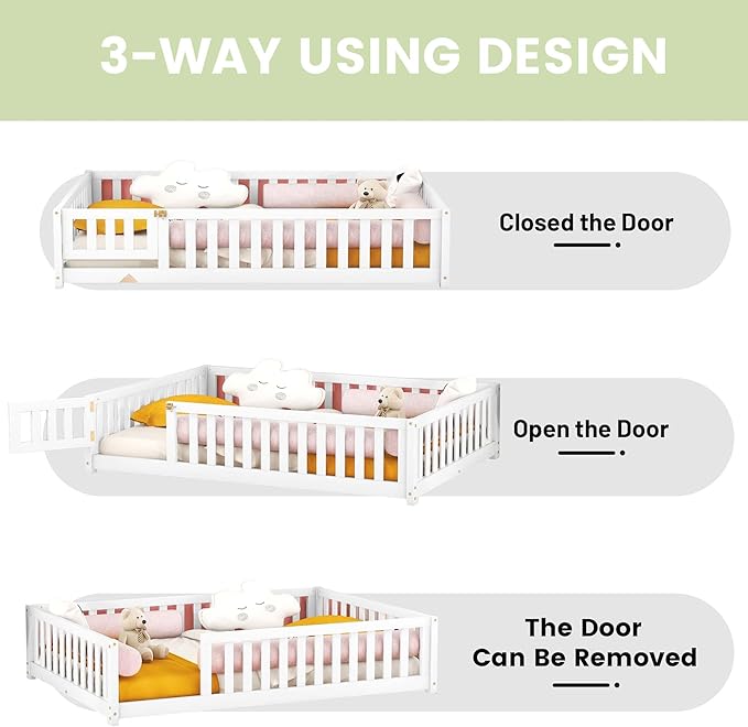 Multifunctional Full Size Floor Bed with Safety Guardrails and Door, Removable Wood Slats, Montessori Beds Frame for Toddlers, for Boys and Girls, White - LeafyLoom