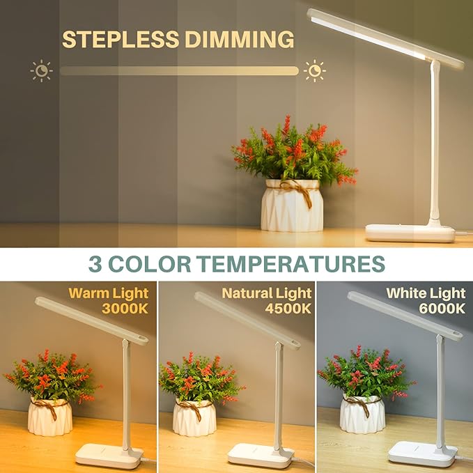 LED Desk Lamp with Touch Control for Reading, No Flicker, 3 Color Modes, Foldable for Table and Eye Caring for Office, Home, Dormitory, USB Interface DC5V 1A - LeafyLoom